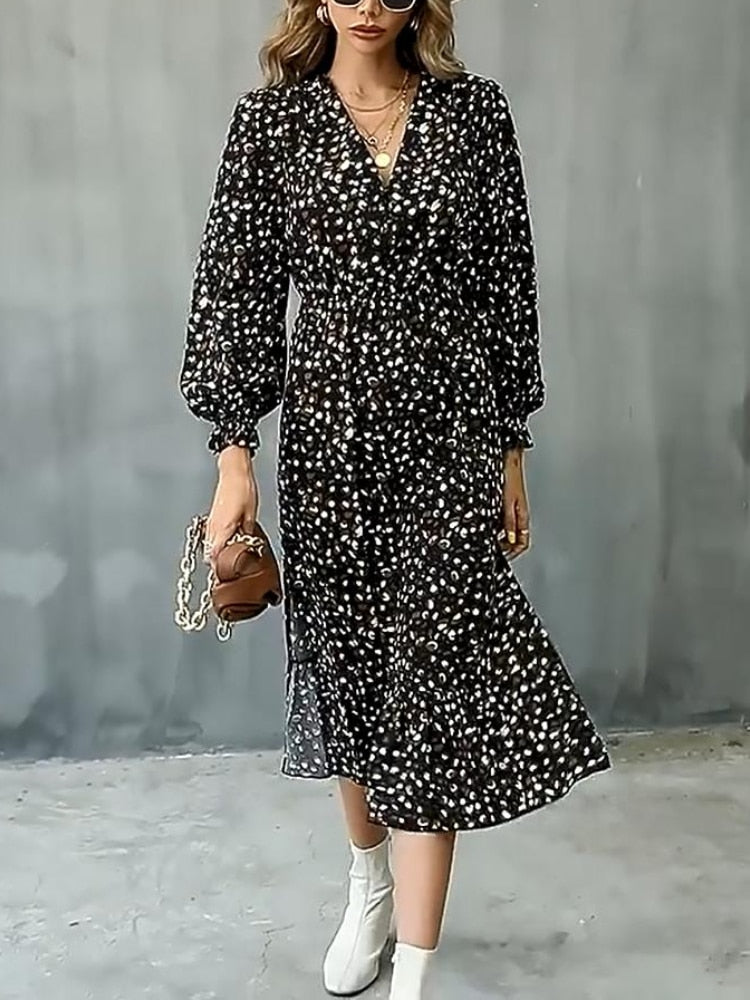 knee length dresses for ladies Leopard Print Long Sleeve Midi Dress – Saluda Rose Boutique main image 1