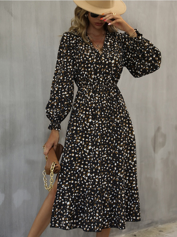 chinese dress ladies Leopard Print Satin Midi Dress Brown