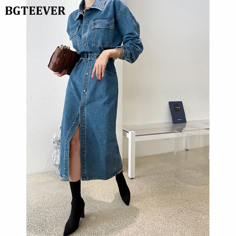 BGTEEVER Fashion Chic Lapel Women Denim Dress Full Sleeve Single-brea – Sheingraceful