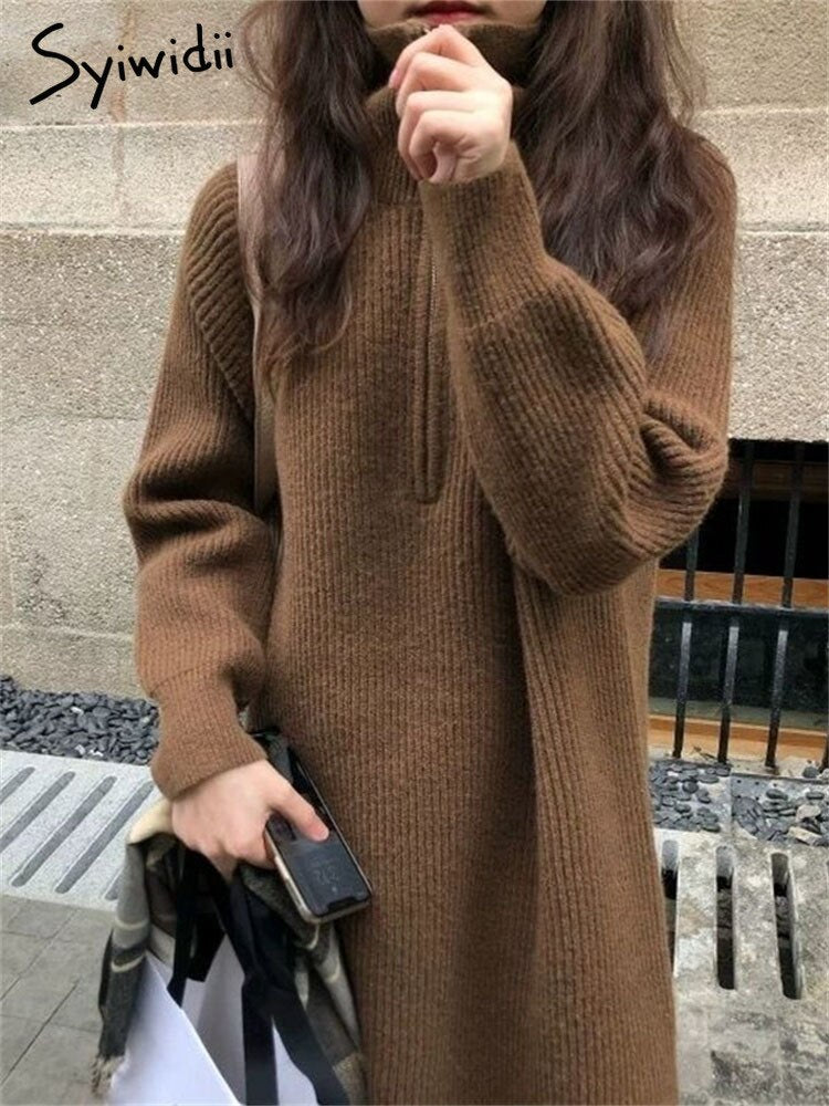 Syiwidii Autumn Winter Midi Dress Woman 2022 Warm Turtleneck Thicken –  Sheingraceful