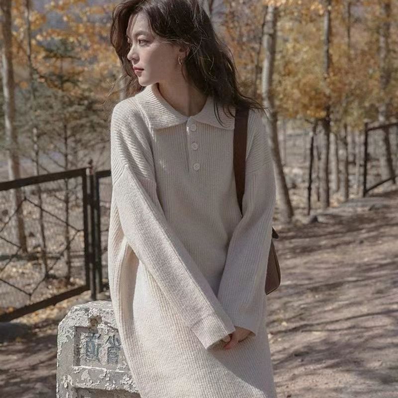 fitted lace wedding dress Women Buttons Lapel Loose Sweater Dress For Women Full Sleeve Female –  Sheingraceful