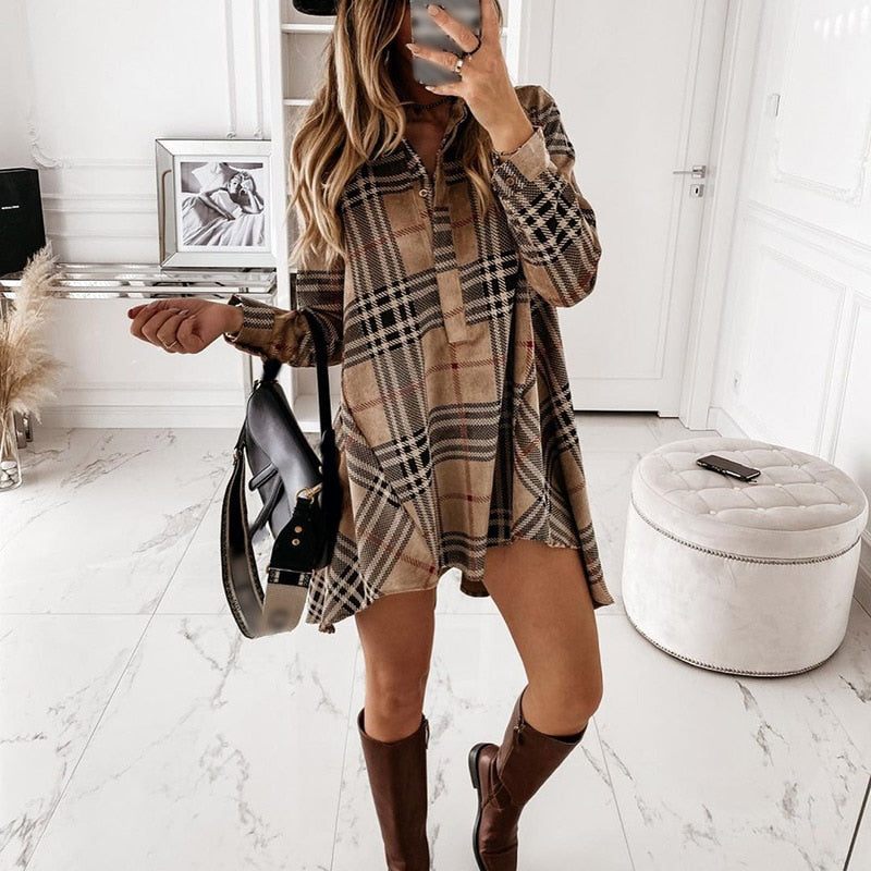 Women Shirt Dress Plaid Long-sleeve Loose Ladies Mini Dresses