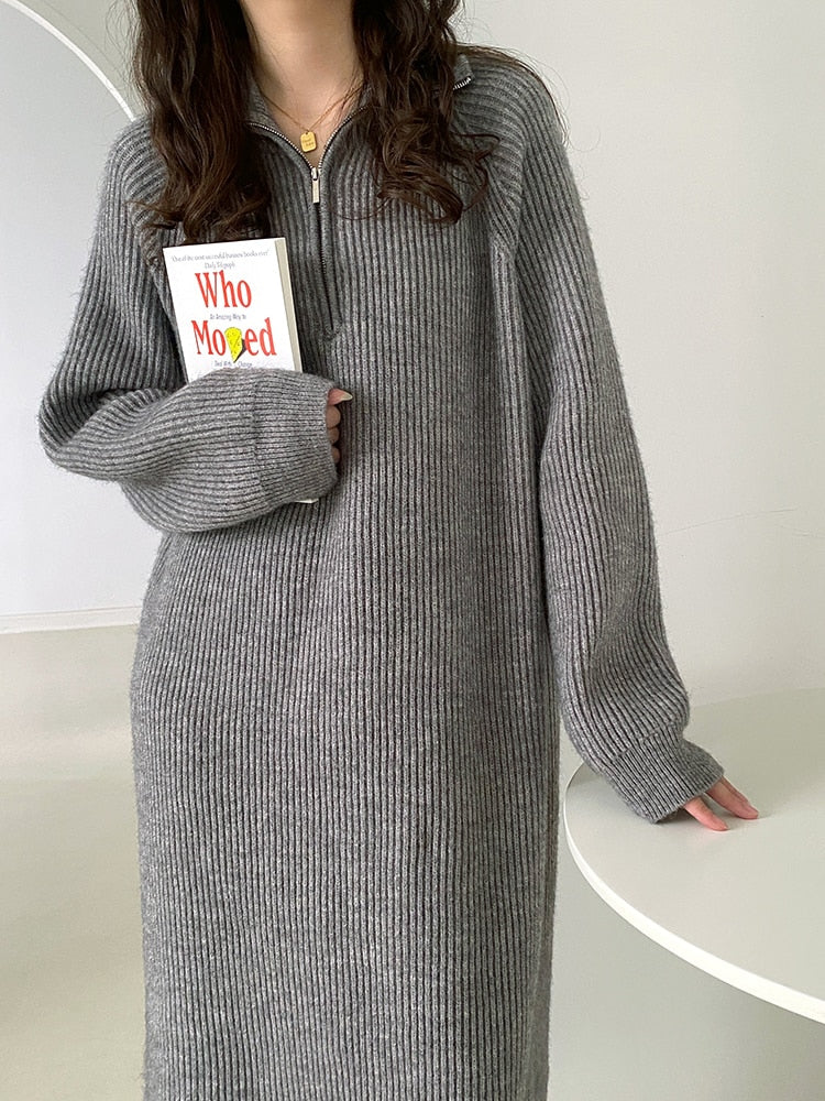 loose sweater dress Women Zipper Turtleneck Loose Casual Sweater Dress For Ladies Full Sl –  Sheingraceful