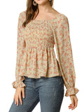 Women's Off Shoulder Long Bell Sleeve Floral Print Smocked Blouse Top