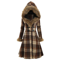 Women's hooded Fur Alloy Buckle Slim Plaid Long Sleeve Woolen Medium Long Coat
