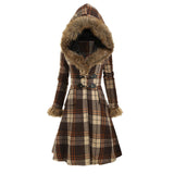 Women's hooded Fur Alloy Buckle Slim Plaid Long Sleeve Woolen Medium Long Coat