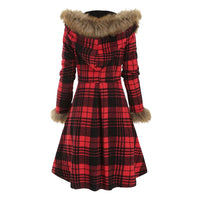 Women's hooded Fur Alloy Buckle Slim Plaid Long Sleeve Woolen Medium Long Coat
