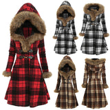 Women's hooded Fur Alloy Buckle Slim Plaid Long Sleeve Woolen Medium Long Coat