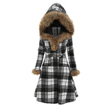 Women's hooded Fur Alloy Buckle Slim Plaid Long Sleeve Woolen Medium Long Coat