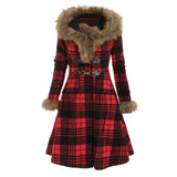 Women's hooded Fur Alloy Buckle Slim Plaid Long Sleeve Woolen Medium Long Coat
