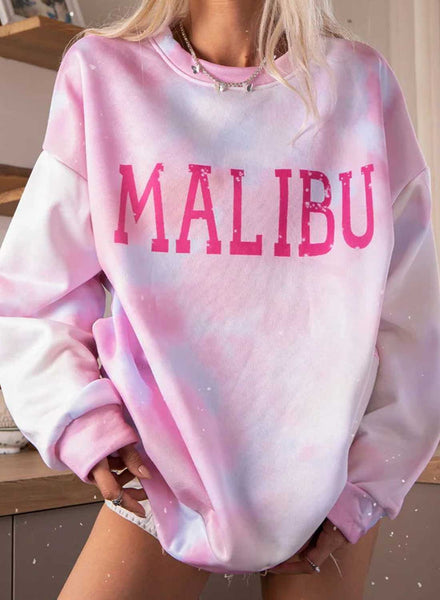 Women's Sweatshirts Loose Letter Color Block Tiedye Long Sleeve Round Neck Casual Sweatshirt