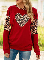 Women's Sweatshirts Leopard Heart-shaped Print Long Sleeve Round Neck Casual Sweatshirt