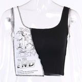 Women's personality splicing color contrast printing blouse women ins with lace inside cami T-shirt