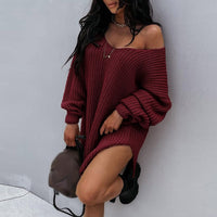 Casual Solid Irregular Party Dresses Women Fashion Long Sleeve Knitted Sweater Office Lady Elegant Long Sleeve Dress
