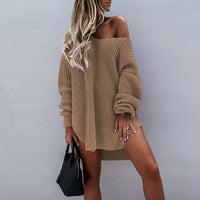 Casual Solid Irregular Party Dresses Women Fashion Long Sleeve Knitted Sweater Office Lady Elegant Long Sleeve Dress