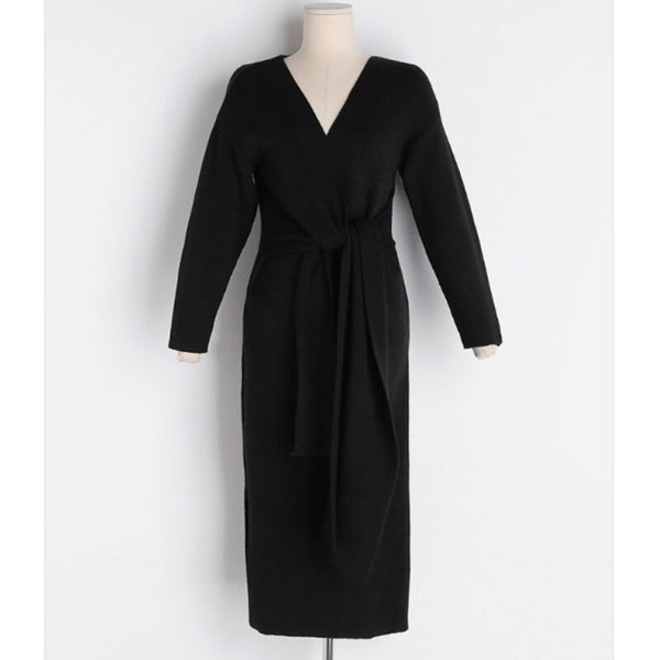 2022 Harajuku Spaghetti Knitted Dress Women Autumn Gray V-neck Elegan – Sheingraceful