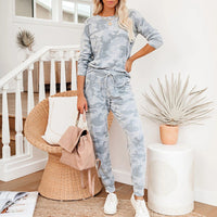 new tie dye printed long sleeve pants casual home wear set (women om9475)