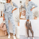 new tie dye printed long sleeve pants casual home wear set (women om9475)