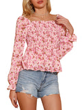 Women's Off Shoulder Long Bell Sleeve Floral Print Smocked Blouse Top