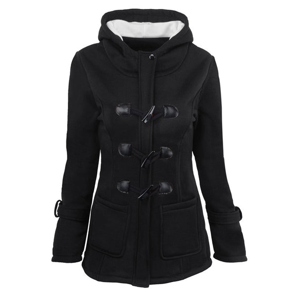 Women's plus size cotton-padded  middle and long hooded blended horn leather buckle outwear