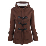 Women's plus size cotton-padded  middle and long hooded blended horn leather buckle outwear
