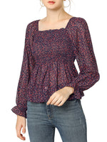 Women's Off Shoulder Long Bell Sleeve Floral Print Smocked Blouse Top