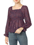 Women's Off Shoulder Long Bell Sleeve Floral Print Smocked Blouse Top