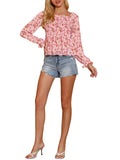 Women's Off Shoulder Long Bell Sleeve Floral Print Smocked Blouse Top