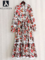 Women dress Vintage Flowers Printed Lace Lantern Sleeve Long Elegant Party