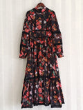 Women dress Vintage Flowers Printed Lace Lantern Sleeve Long Elegant Party