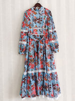 Women dress Vintage Flowers Printed Lace Lantern Sleeve Long Elegant Party