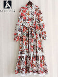 Women dress Vintage Flowers Printed Lace Lantern Sleeve Long Elegant Party
