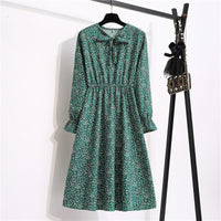 Women's Casual Dresses Female Vintage Floral Printed Chiffon Long Sleeve Bow Midi