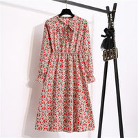 Women's Casual Dresses Female Vintage Floral Printed Chiffon Long Sleeve Bow Midi