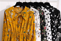Women's Casual Dresses Female Vintage Floral Printed Chiffon Long Sleeve Bow Midi