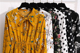 Women's Casual Dresses Female Vintage Floral Printed Chiffon Long Sleeve Bow Midi