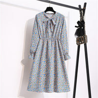 Women's Casual Dresses Female Vintage Floral Printed Chiffon Long Sleeve Bow Midi