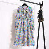 Women's Casual Dresses Female Vintage Floral Printed Chiffon Long Sleeve Bow Midi