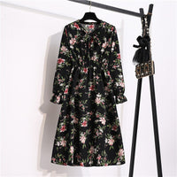 Women's Casual Dresses Female Vintage Floral Printed Chiffon Long Sleeve Bow Midi