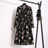 Women's Casual Dresses Female Vintage Floral Printed Chiffon Long Sleeve Bow Midi