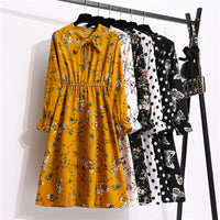 Women's Casual Dresses Female Vintage Floral Printed Chiffon Long Sleeve Bow Midi