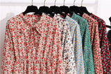 Women's Casual Dresses Female Vintage Floral Printed Chiffon Long Sleeve Bow Midi