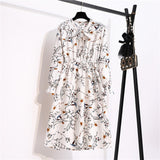 Women's Casual Dresses Female Vintage Floral Printed Chiffon Long Sleeve Bow Midi