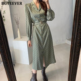Elegant Lapel Polka Dots Women A-line Dress Full Sleeve Single-breasted vestidos