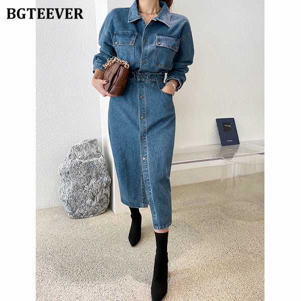 BGTEEVER Fashion Chic Lapel Women Denim Dress Full Sleeve Single-brea Sheingraceful BGTEEVER Fashion Chic Lapel Women Denim Dress Full Sleeve Single-brea Sheingraceful