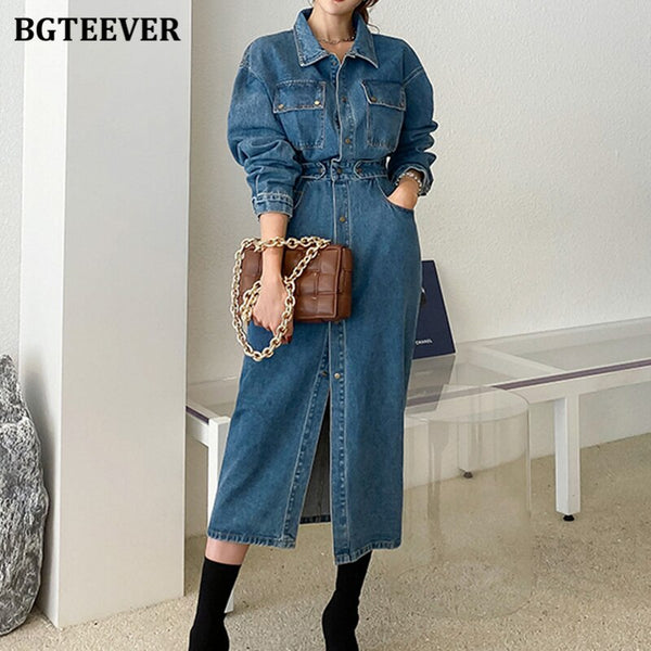 BGTEEVER Fashion Chic Lapel Women Denim Dress Full Sleeve Single-brea Sheingraceful BGTEEVER Fashion Chic Lapel Women Denim Dress Full Sleeve Single-brea Sheingraceful