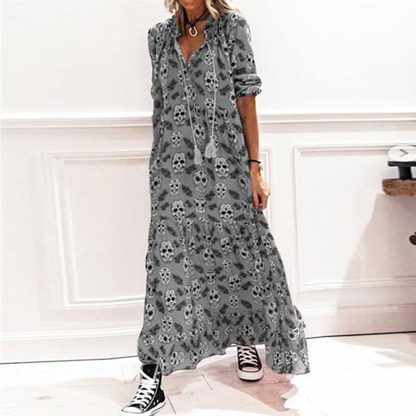 Bohemia Long Sleeve Skull Printing Vintage Loose Dresses Chic Elegant Sheingraceful Bohemia Long Sleeve Skull Printing Vintage Loose Dresses Chic Elegant Sheingraceful