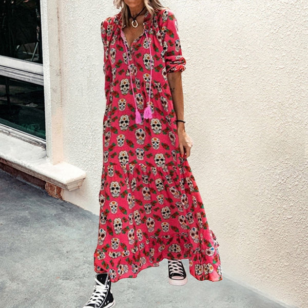 Bohemia Long Sleeve Skull Printing Vintage Loose Dresses Chic Elegant   Sheingraceful