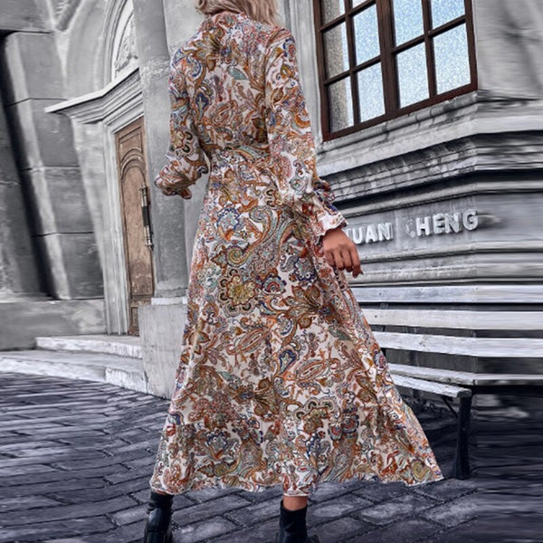 Female Casual V-Neck Long Sleeve Maxi Dress Fashion Vintage Pattern P – Sheingraceful