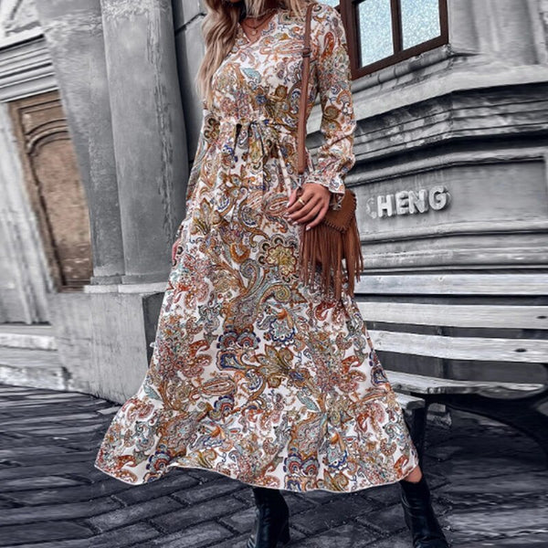 Female Casual V-Neck Long Sleeve Maxi Dress Fashion Vintage Pattern P Sheingraceful Female Casual V-Neck Long Sleeve Maxi Dress Fashion Vintage Pattern P Sheingraceful